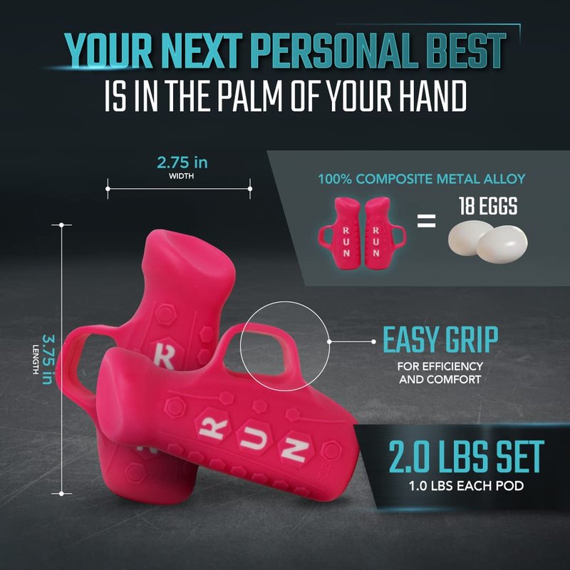 Running Pods 2.0 lbs Set Ultra-Dense Metal Alloy Hand Weights with Anti-Slip Finger Loop for Running, Outdoor Training for Adults - 2 Pods, 1.0 lbs each - Pink + Free E-Book Workout Guide