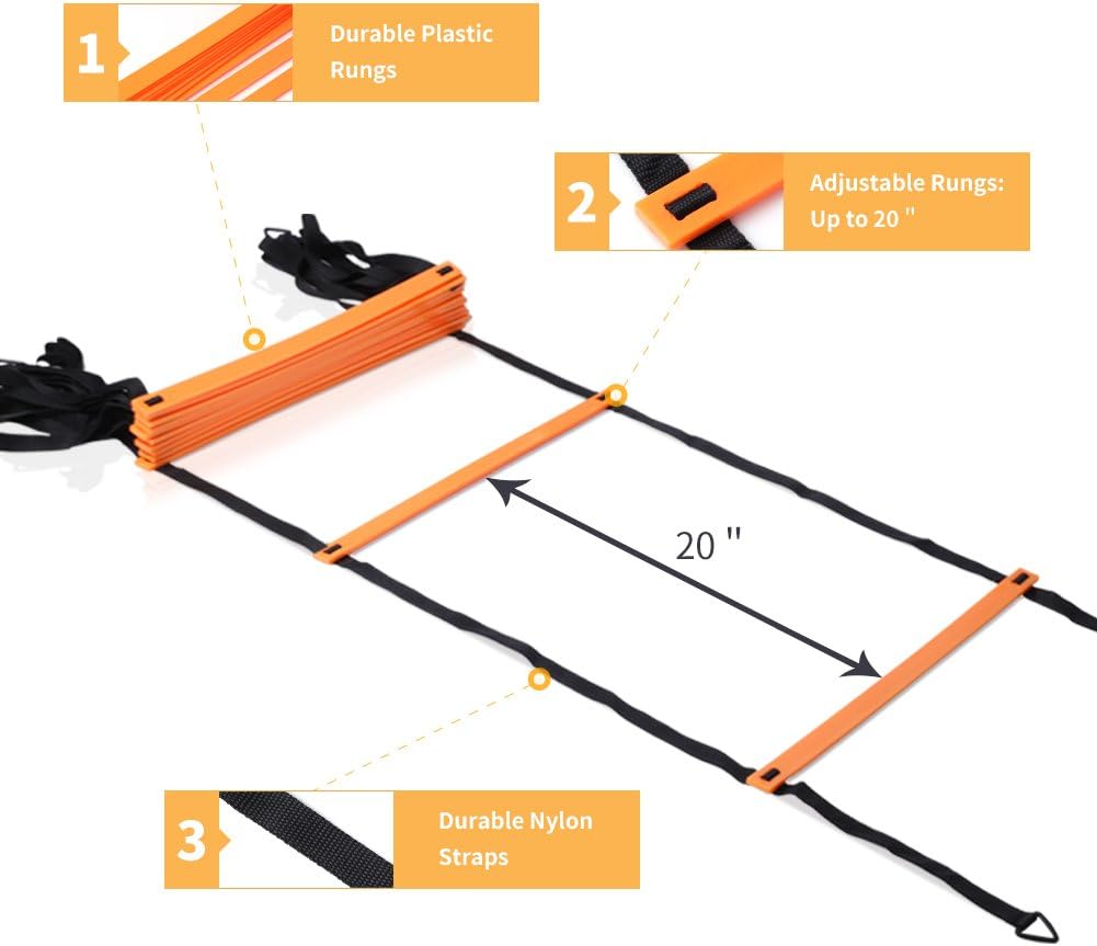 YISSVIC Agility Ladder - 20 Feet with 12 Adjustable Rungs & Accessories for Speed Training | Includes Carry Bag, Cones & Stakes