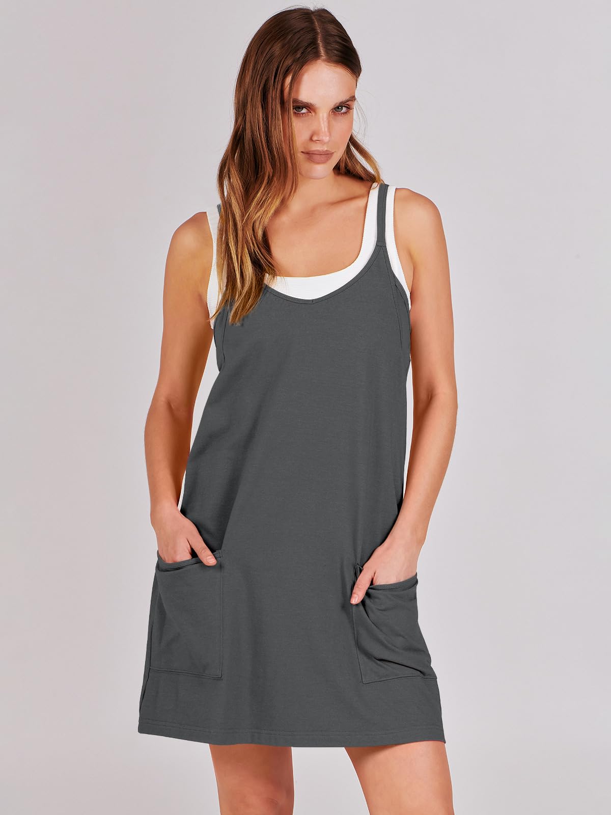 ANRABESS Women Athletic Dress Summer Tennis Workout Active Sports Mini Romper Dress Built in Shorts Travel Vacation Clothes Gray Small