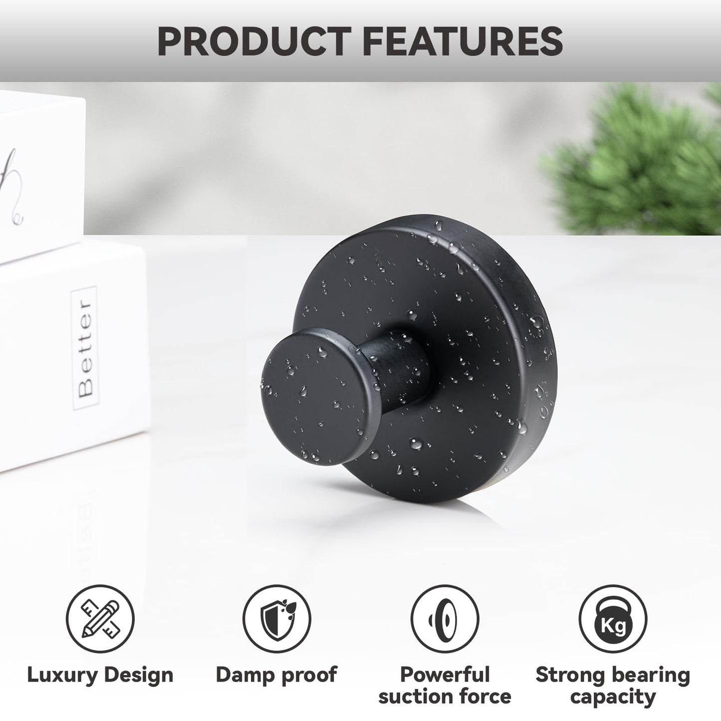 4 PCS Suction Cup Hooks for Shower, Stainless Steel No Drill Towel Hooks, Reusable Sticky Silicone Base for Bathroom Wall, Glass, Mirror, Tile to Hang Loofahs, Robes (Matt Black)