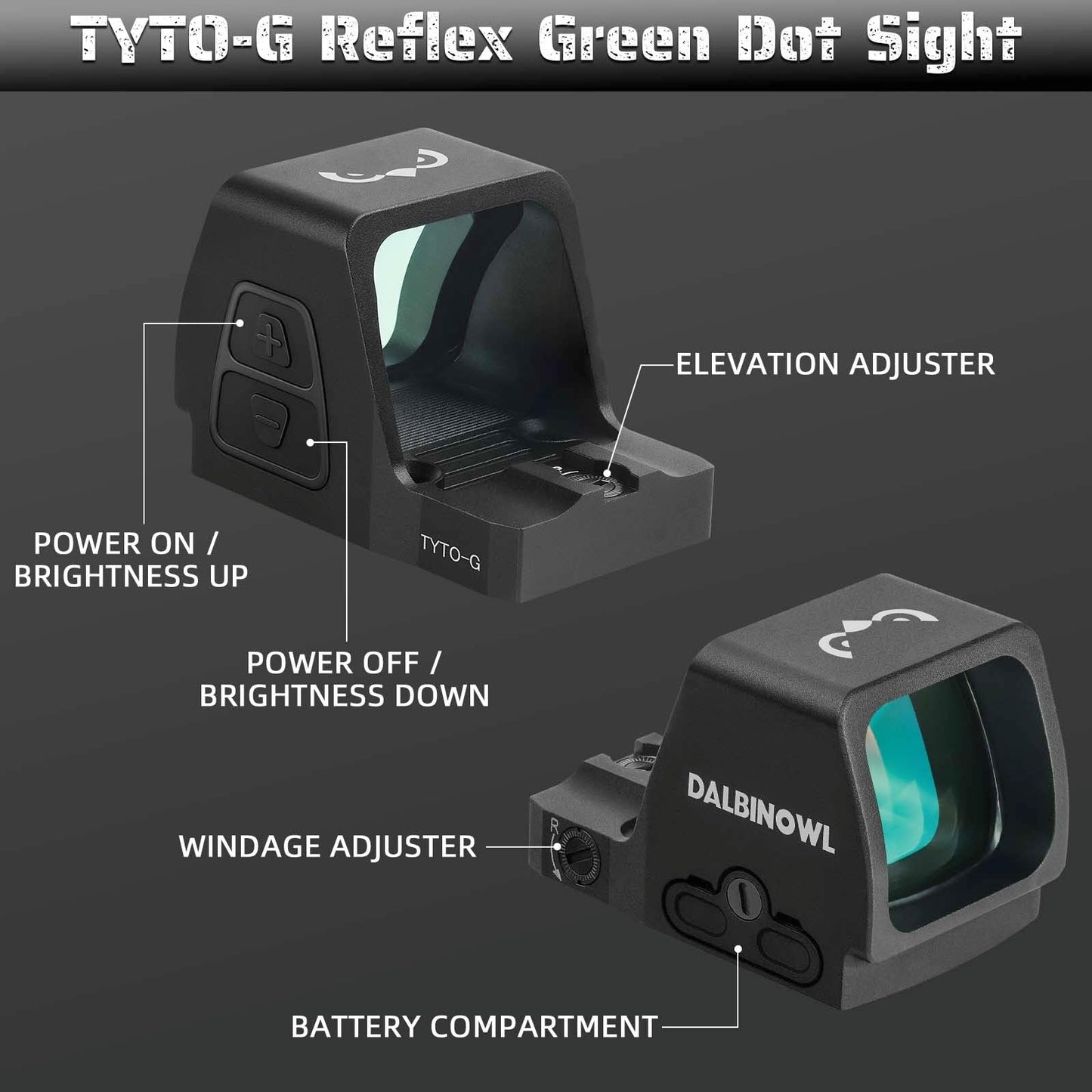 DALBINOWL TYTO-G Green Dot Sight for RMR Footprint 2.5 MOA Motion Awake Open Reflex Sight 1x24.5mm Lens Aluminum Pistol Optic for Full-Sized Handguns