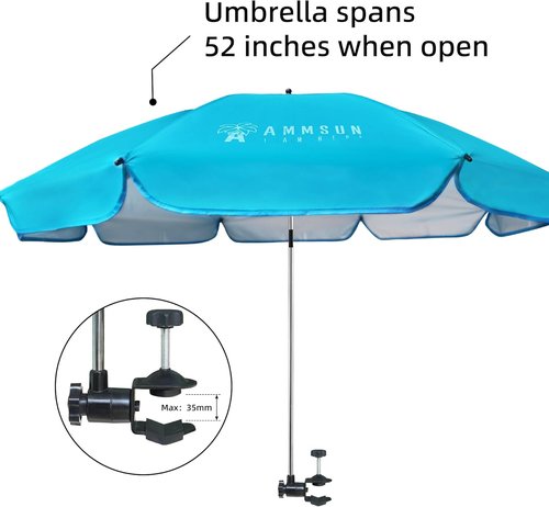 AMMSUN XL Chair Umbrella - Adjustable 47-Inch 360-Degree Swivel | UPF 50+ Portable Bright Blue Umbrella for Camping, Beach, Strollers, Wheelchairs, Golf Carts