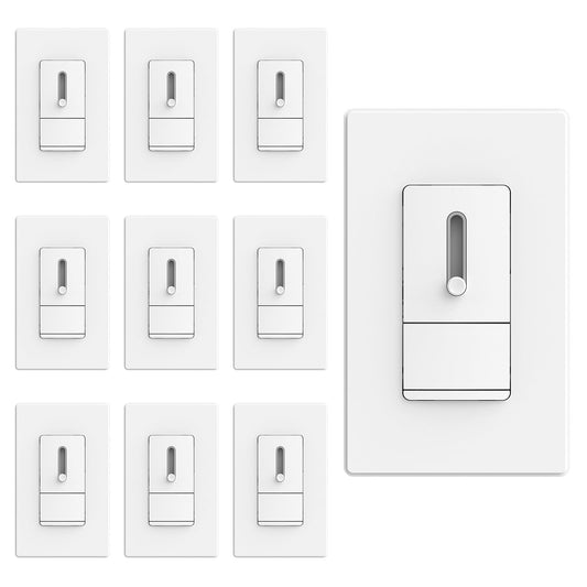 ELEGRP Slide Dimmer Switch for Dimmable LED, CFL and Incandescent Light Lamp Bulbs, Single Pole or 3-Way, Full Control with Preset, Rocker Paddle, Wall Plate Included, UL Listed (10 Pack, Matte White)