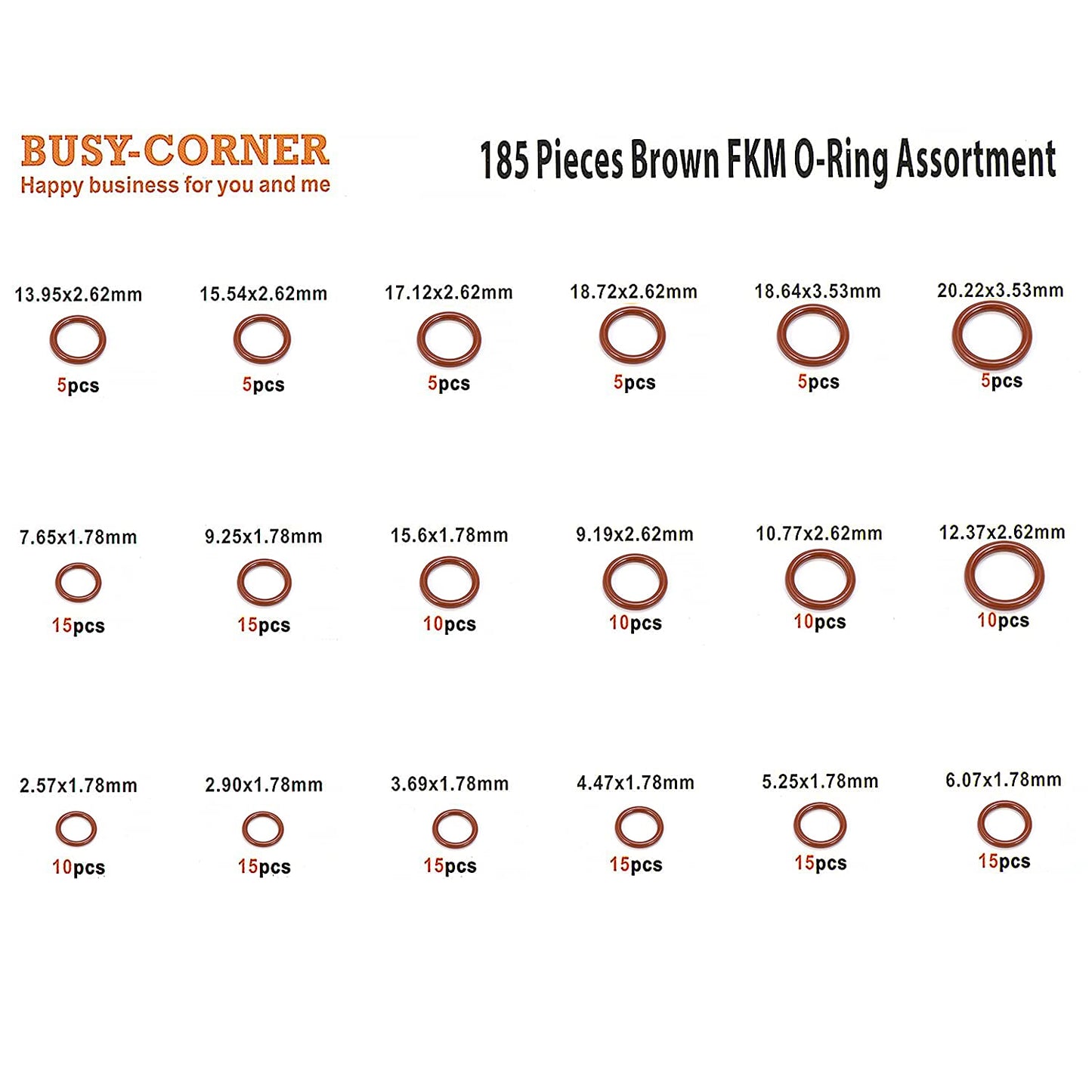 BUSY-CORNER 185 Pieces FKM Brown O-Ring Kit,75A Durometer,18 Kind AS-568 Standard Sizes,ID 2.57mm-20.22mm Thickness 1.78mm 2.62mm 3.53mm