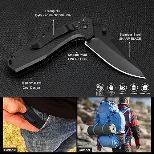 EDC Pocket Folding Knife - 3.54" Stainless Steel Black Blade, G10 Scales Liner Lock, Men Women Camping Knives with Clip EMH03