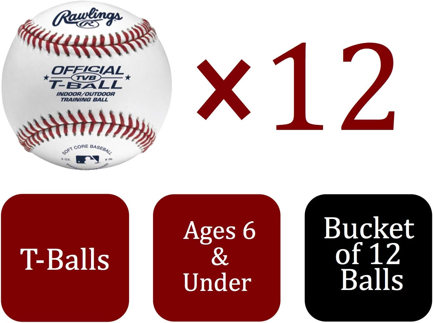 Rawlings Official T-Balls - Youth Size 6U | 12 Count Bucket | Sponge Rubber Core for Indoor/Outdoor Play