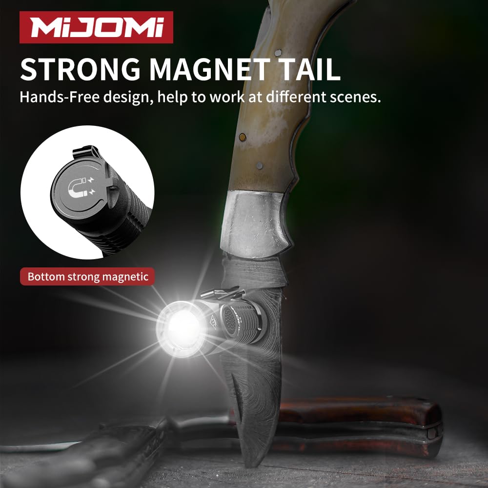 MIJOMI Mini EDC Flashlight with Magnet, Compact Rechargeable Pocket Light 1100 High Lumens Travel Flashlight Rechargeable, E4 Small Flashlight with Clip for Outdoor, Hiking, Walking