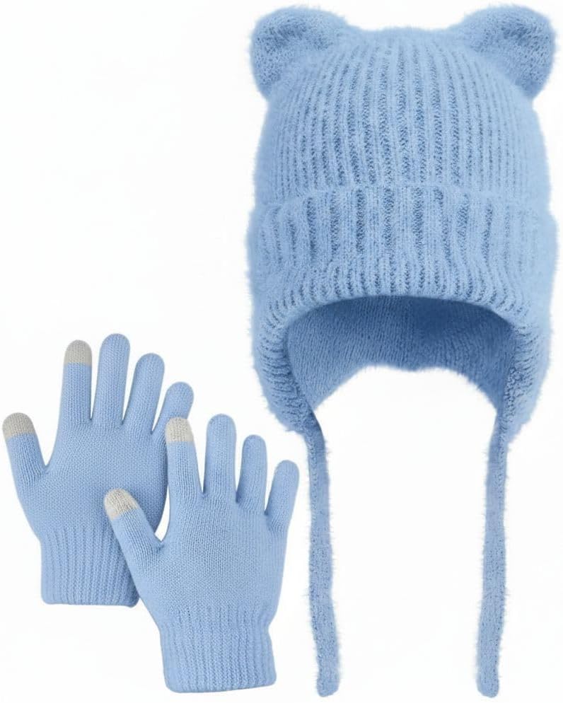 ZOORON Kids Winter Hat & Glove Set - Cat Beanie with Warm Ear Flaps | Knit Skull Cap for Ages 5-15
