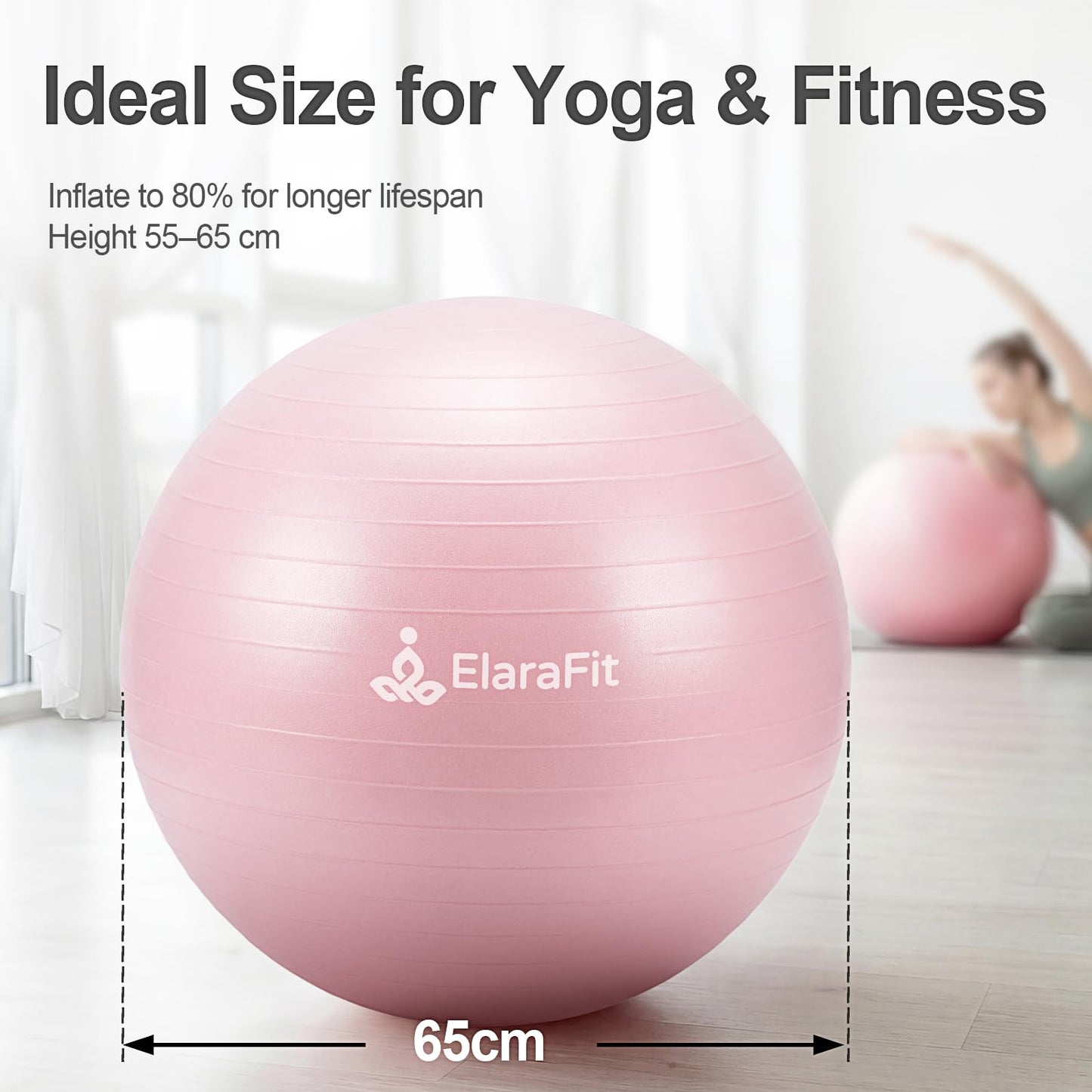 ElaraFit Anti Burst Large Exercise Ball for Yoga Non Slip Pilates Ball with Pump 550 lbs Capacity for Pregnancy, Fitness Size L 23 to 26 inches, About 58 to 65cm (Pink)