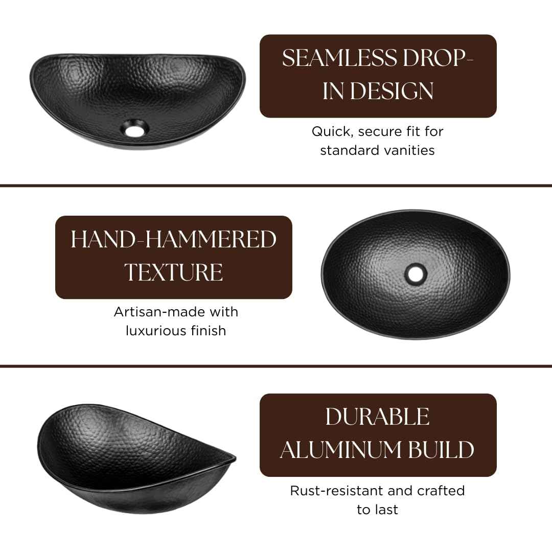 Monarch Abode 19-Inch Hand Hammered Matte Black Aluminum Harbor Vessel Bathroom Sink, Bathroom Vessel Sink, Above Counter Bathroom Sink Bowl for Vanity or Powder Room