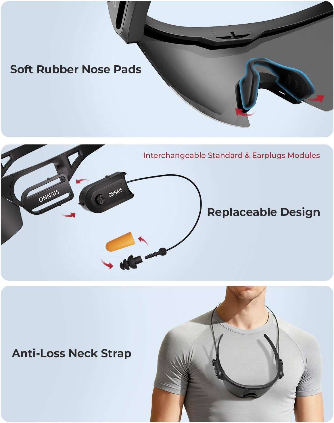 ONNAIS Shooting Glasses with Earplugs - ANSI Z87.1+ Safety Glasses with Detachable NRR 32dB Earplugs, Gifts for Men and Women