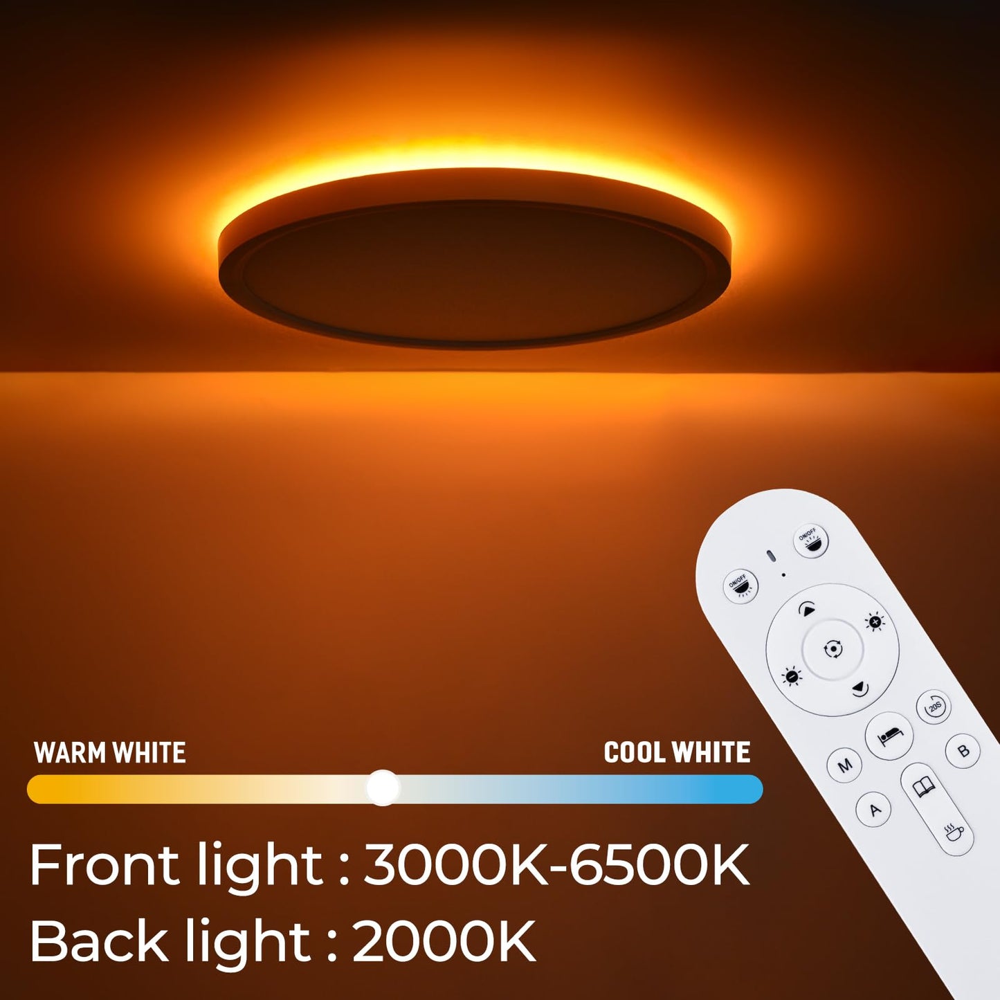 12Inch 4Pack flush mount Led ceiling light with Remote Control,Ultra Slim 24W 3000K-6500K Color Adjustable Ceiling Lamp for Living Room/Kitchen,2000K Warm Nightlight for Bedroom, Memory Function