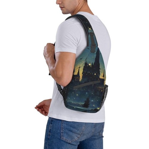 PutDiDi Wizard Castle Halloween Goth Sling Bag Crossbody Backpack for Women Men Hiking Travel Bag Pouch Small Daypack Casual Pack Cross Chest Bag Outdoor