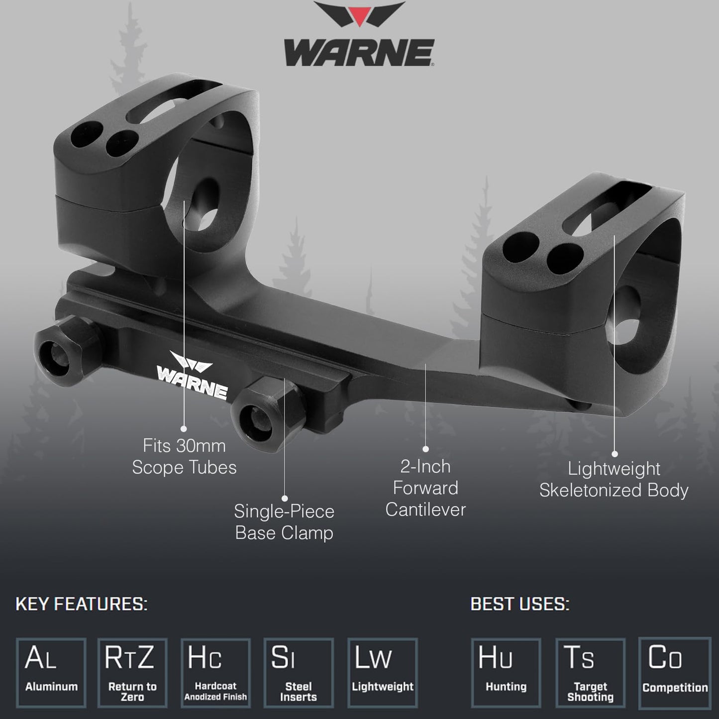 WARNE Gen 2 Extended Skeletonized 30mm MSR Optics Mount, Black (XSKEL30TW)