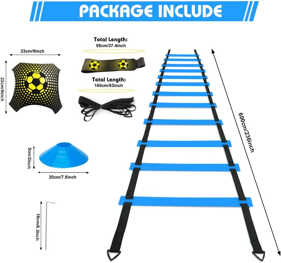 Soccer Speed Agility Training Set - 20FT Agility Ladder with 12/16 Sports Cones & Kick Trainer
