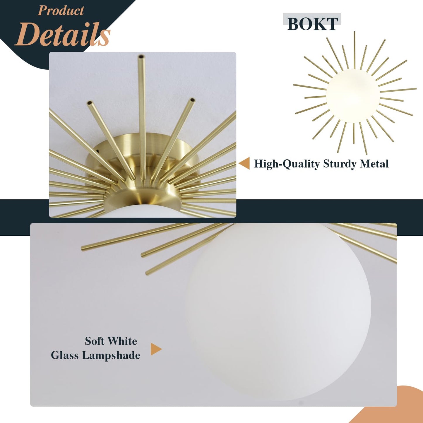 BOKT Modern Gold Semi Flush Mount Ceiling Light Mid Century White Glass Globe Ceiling Light Industrial Close to Ceiling Light Vintage Golden Ceiling Lamps Brushed Brass Hallway Light Fixtures