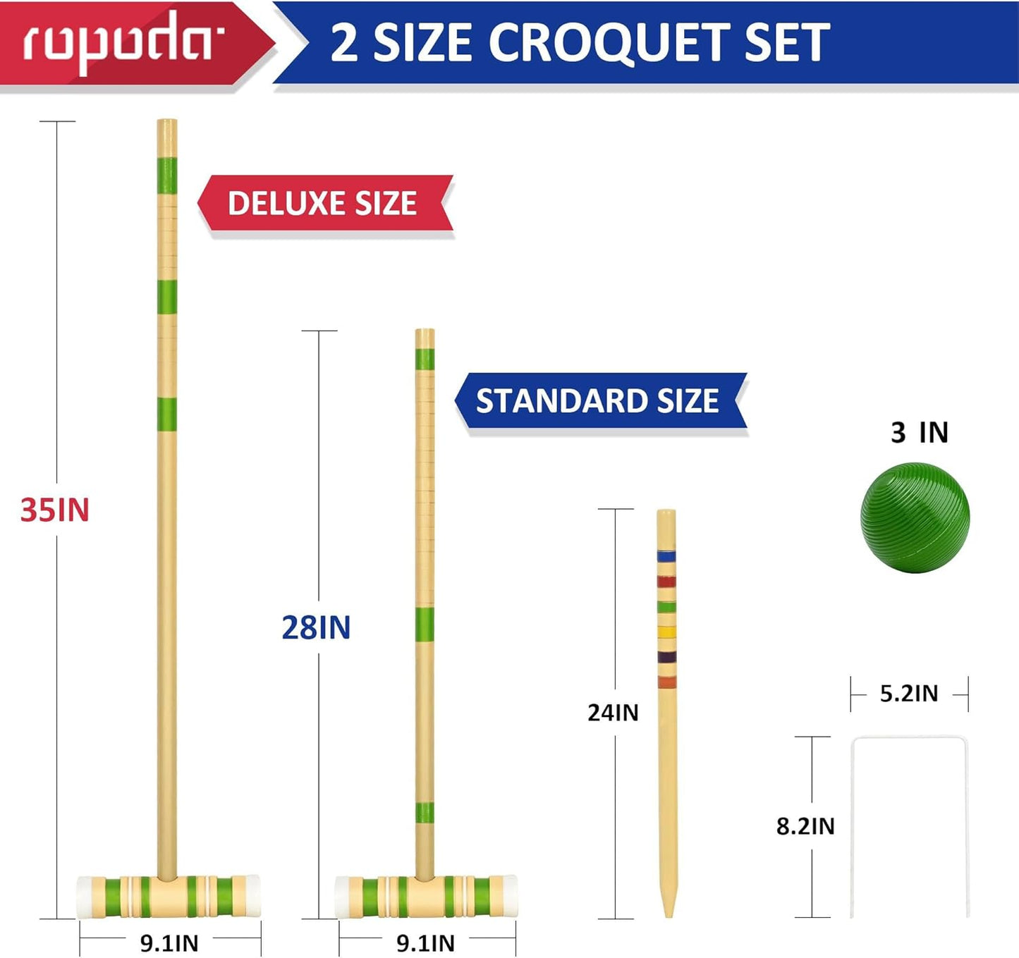Ropoda 35-Inch Six-Player Croquet Set - Wooden Mallets & Colored Balls | Sturdy Carrying Bag for Lawn & Backyard Fun