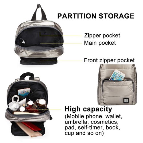 GBLQ PLUS Metallic Backpack 15 Inch, Super Lightweight Ultra Soft Nylon Shiny Fabric Casual Daypack, Metallic Blue Puffer