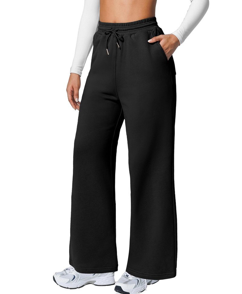 BRXL Thick Cotton Wide Leg Sweatpants for Tall Women 4 Pockets Winter Thermal Warm Baggy Pull On High Waisted Sweat Pants Black