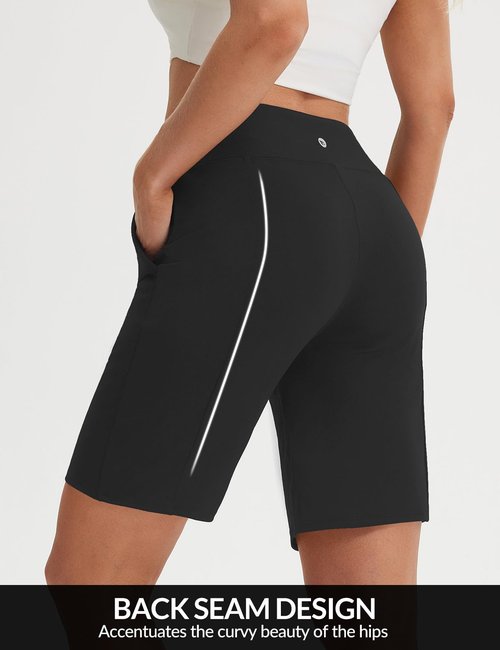 baleaf Women's Bermuda Shorts 9" Knee Length High Waisted Long Shorts with Zipper Pockets Golf Shorts for Women Walking Travel Athletic Running Hiking Workout Black M