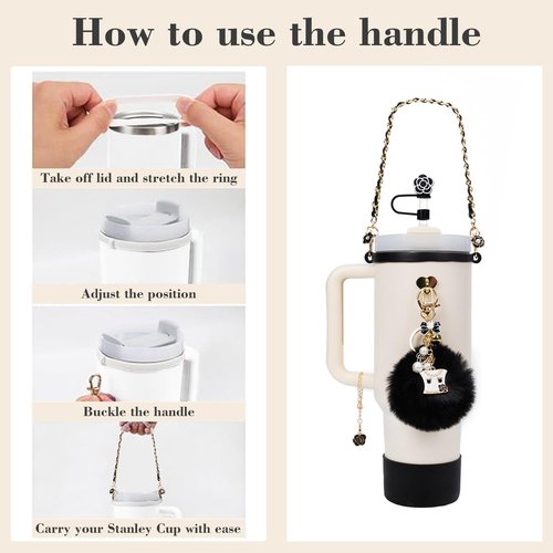 8PCS Elegant Black Set Compatible with Stanley Cup Accessories, Leather Handle Strap, Fashion Pearl Charms, Flower Straw Topper Cover, Silicone Stanley Cup Boot for 40oz 30oz Tumbler, Gifts for Girls