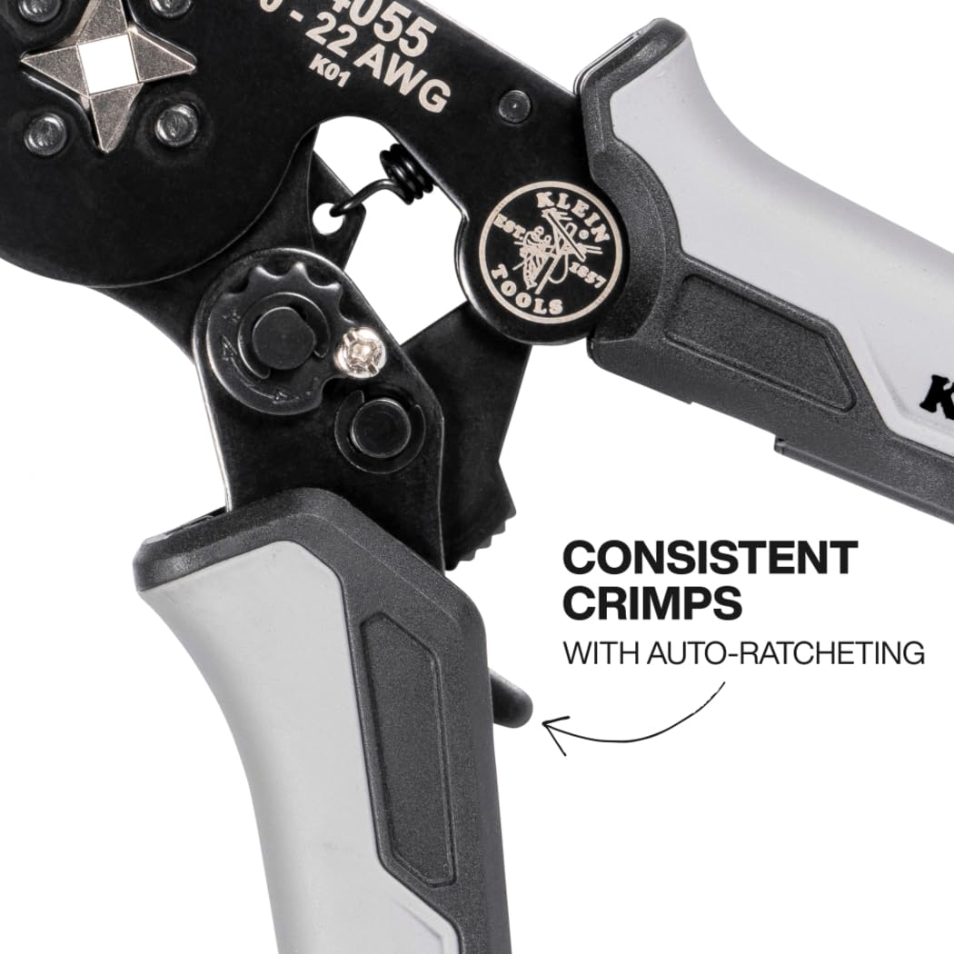 Klein Tools 34055 Ferrule Crimping Tool, Square Crimper Pliers for 10 to 22 AWG Wire Terminals, Built-In Adjustable Ratchet, for Electrical Work