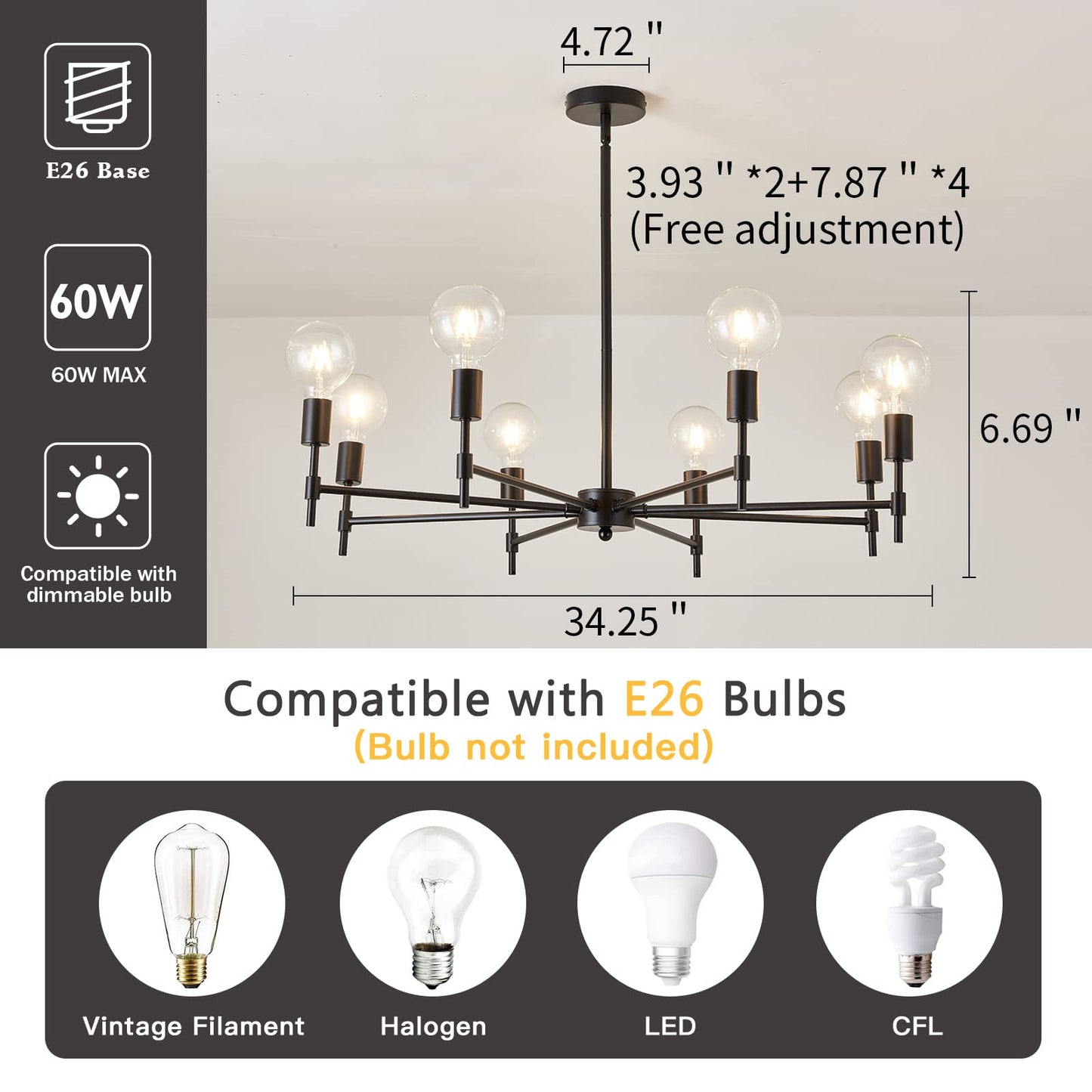 ASGYISA 8-Light Black Sputnik Chandelier Matte Industrial Flush Mount Ceiling Light Fixture Metal Modern Pendant Light for Farmhouse, Bedroom, Kitchen, Dining, Living Room, Island