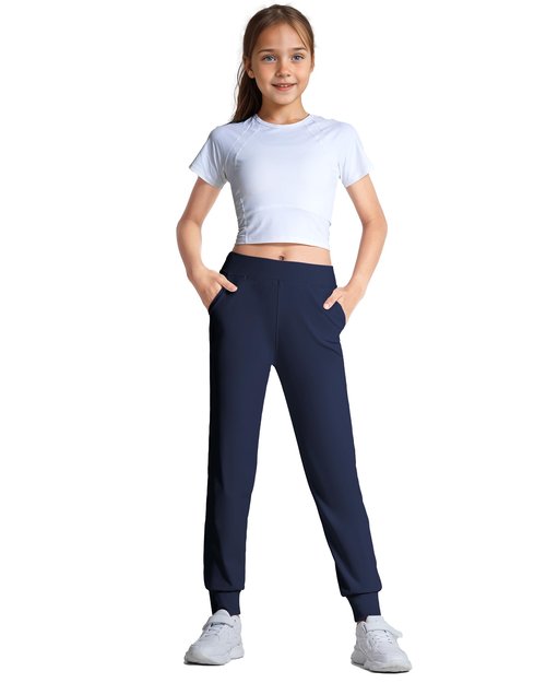 HASMES Girls Joggers Kids Athletic Pants with Pockets Active Pants for Running Yoga Dance Activewear Navy