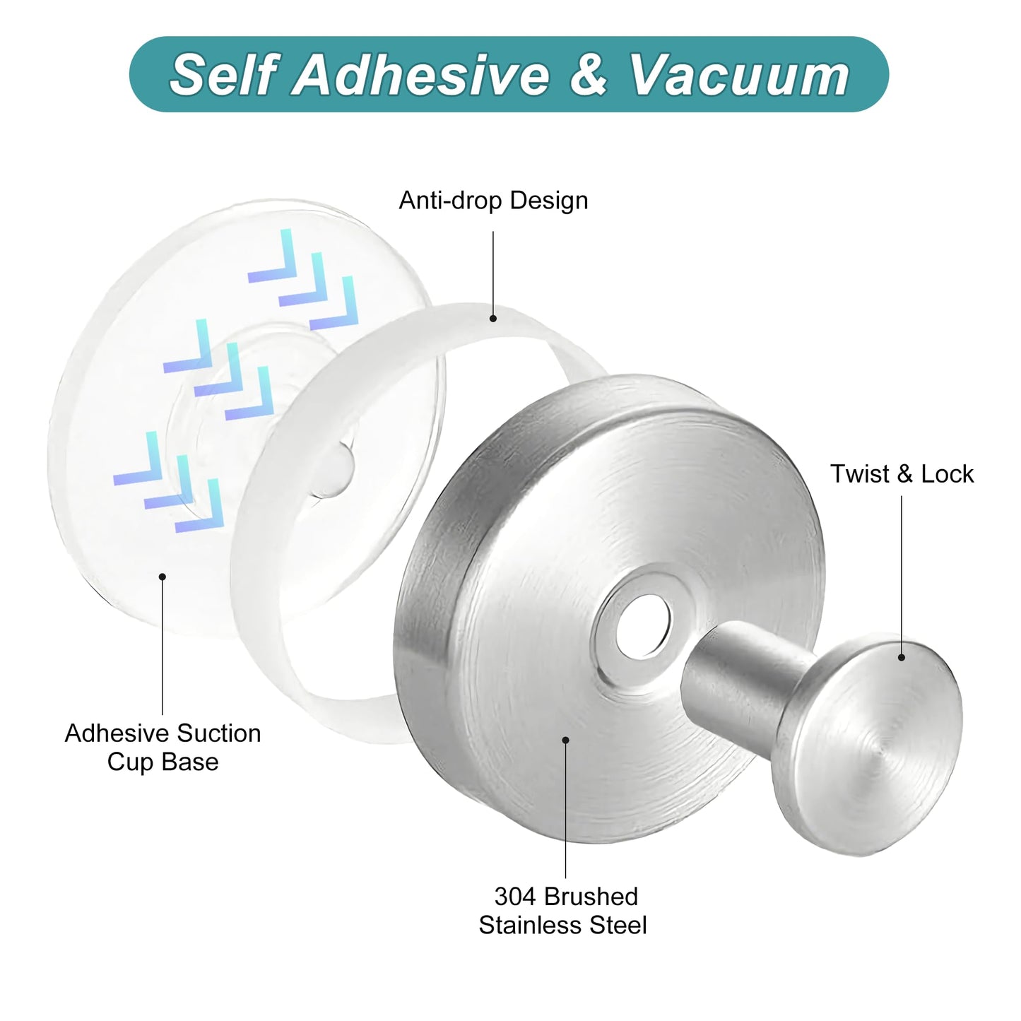 Suction Cup Hooks for Bathroom and Shower - Brushed Nickel Adhesive Hooks for Towel, Loofah - Removable Hook for Kitchen, Glass, Mirror, Door, Tile - Ideal for Coat, Wreath, Hanging Needs (Pack of 2)