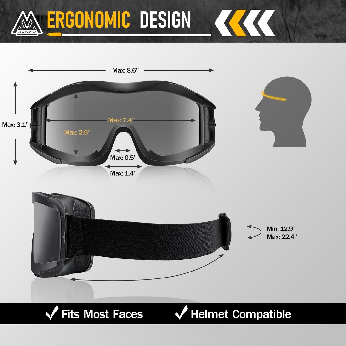 VOZAPOW Airsoft Goggles Anti Fog with ANSI Z87.1 Certified, Safety Goggles Impact Resistant, Tactical Shooting Glasses