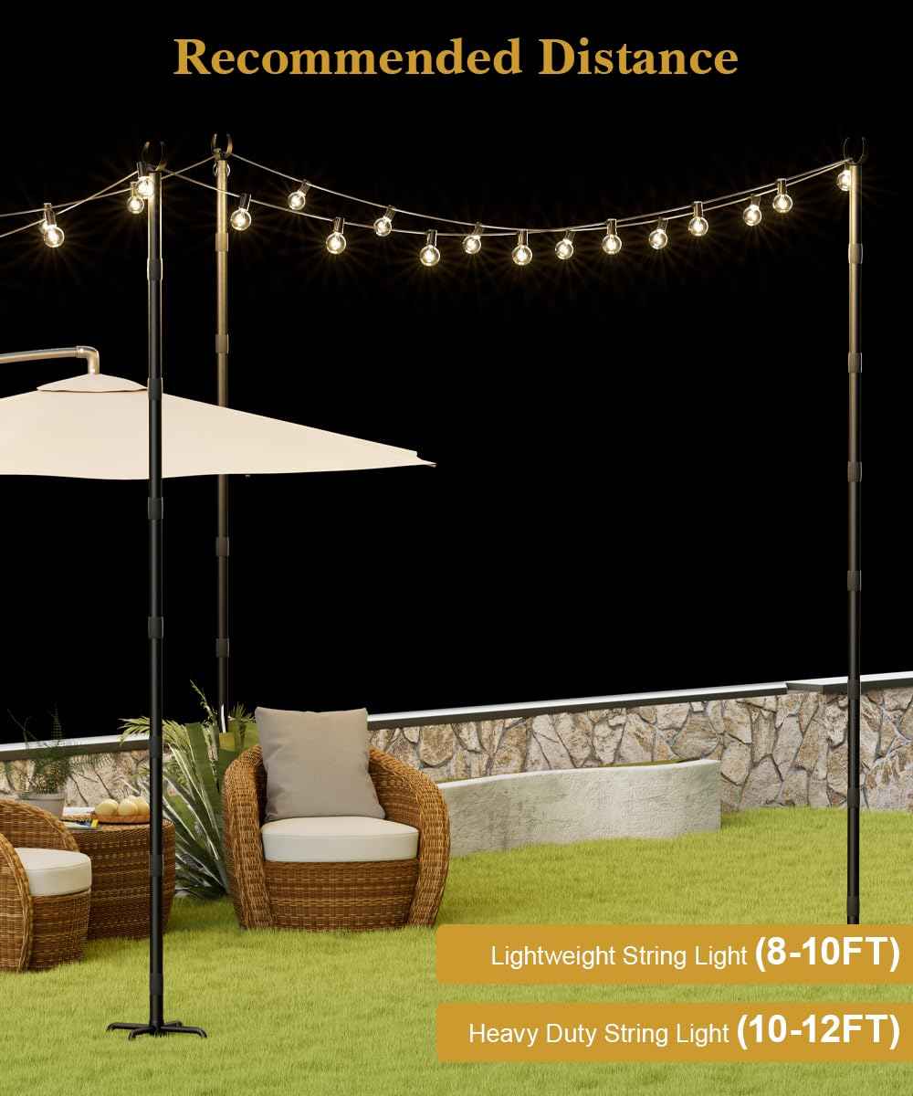 Tigerden 10Ft String Light Poles for Grass & Soil, Outdoor Light Stand with 5-Prong Fork Base, Heavy-Duty Metal Poles for Backyard, Garden & Patio Party Lighting, Rustproof & Adjustable