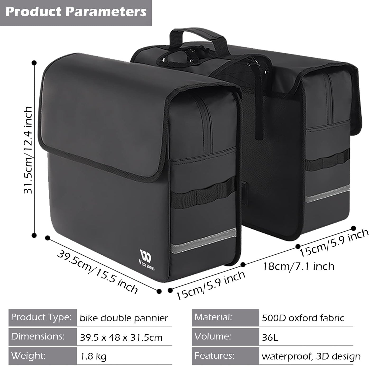 BAIGIO Bike Double Pannier Bags Waterproof Bicycle Rear Seat Panniers Pack with Reflective Stripe