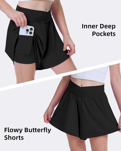 FireSwan Girls Butterfly Shorts - 2 in 1 Crossover Athletic Skorts with Pockets for Teens & Youth