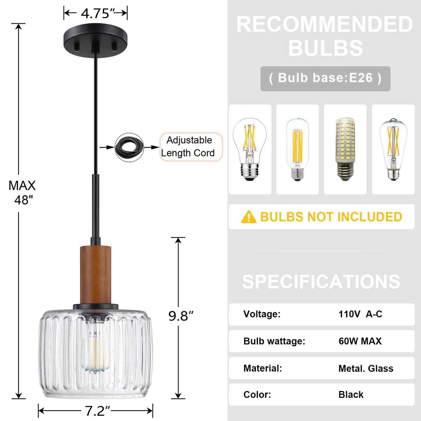 2 Pack 1 Light Industrial Modern Farmhouse Hanging Kitchen Island Pendant Ceiling Light Fixtures,Natural Wood 7.2" Clear Textured Glass Black Finish Over Sink Restaurant bar Corridor
