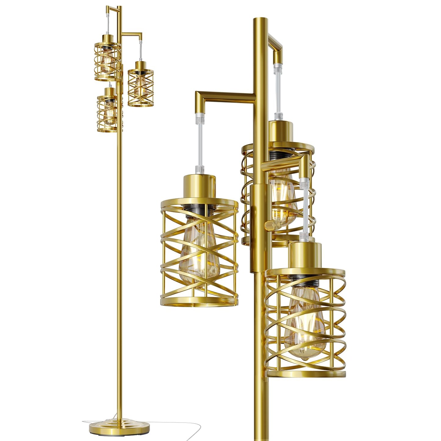 Oneach 70" Industrial Floor Lamp, Stepless Dimmable Standing Lamp with 3 Bulbs, Farmhouse Corner Standing Tree Lamp for Living Room, Tall Lamps for Bedroom, Office, Study Room, Dining Room, Gold