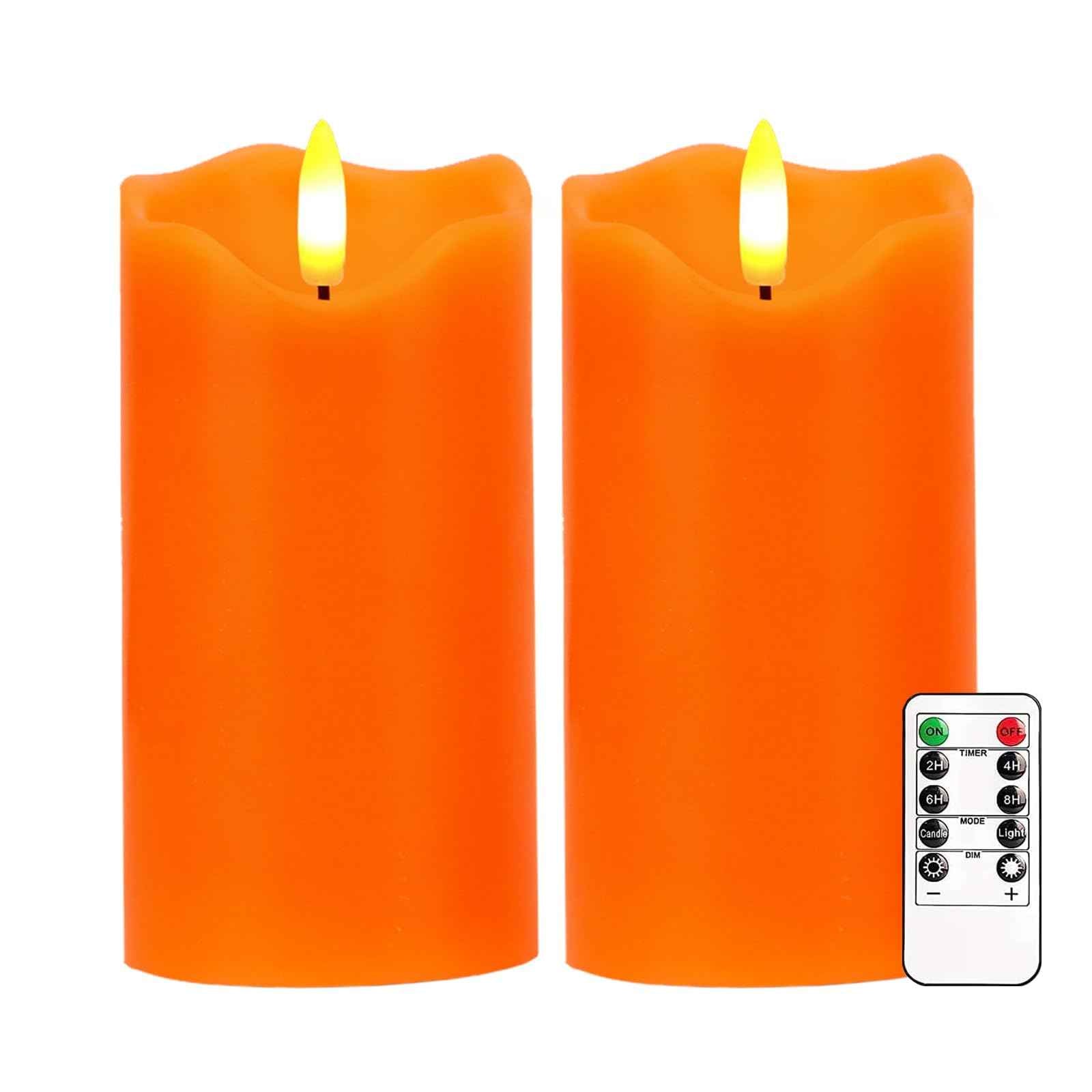 VEEKI Flameless Candles Light, Set of 2 6"x3" Flickering Fall LED Candles with Remote & Timer, Dimmable Pillar Candles Battery Operated, Orange Candles for Fall Halloween Thanksgiving Decor (Orange)