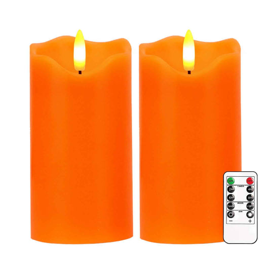 VEEKI Flameless Candles Light, Set of 2 6"x3" Flickering Fall LED Candles with Remote & Timer, Dimmable Pillar Candles Battery Operated, Orange Candles for Fall Halloween Thanksgiving Decor (Orange)