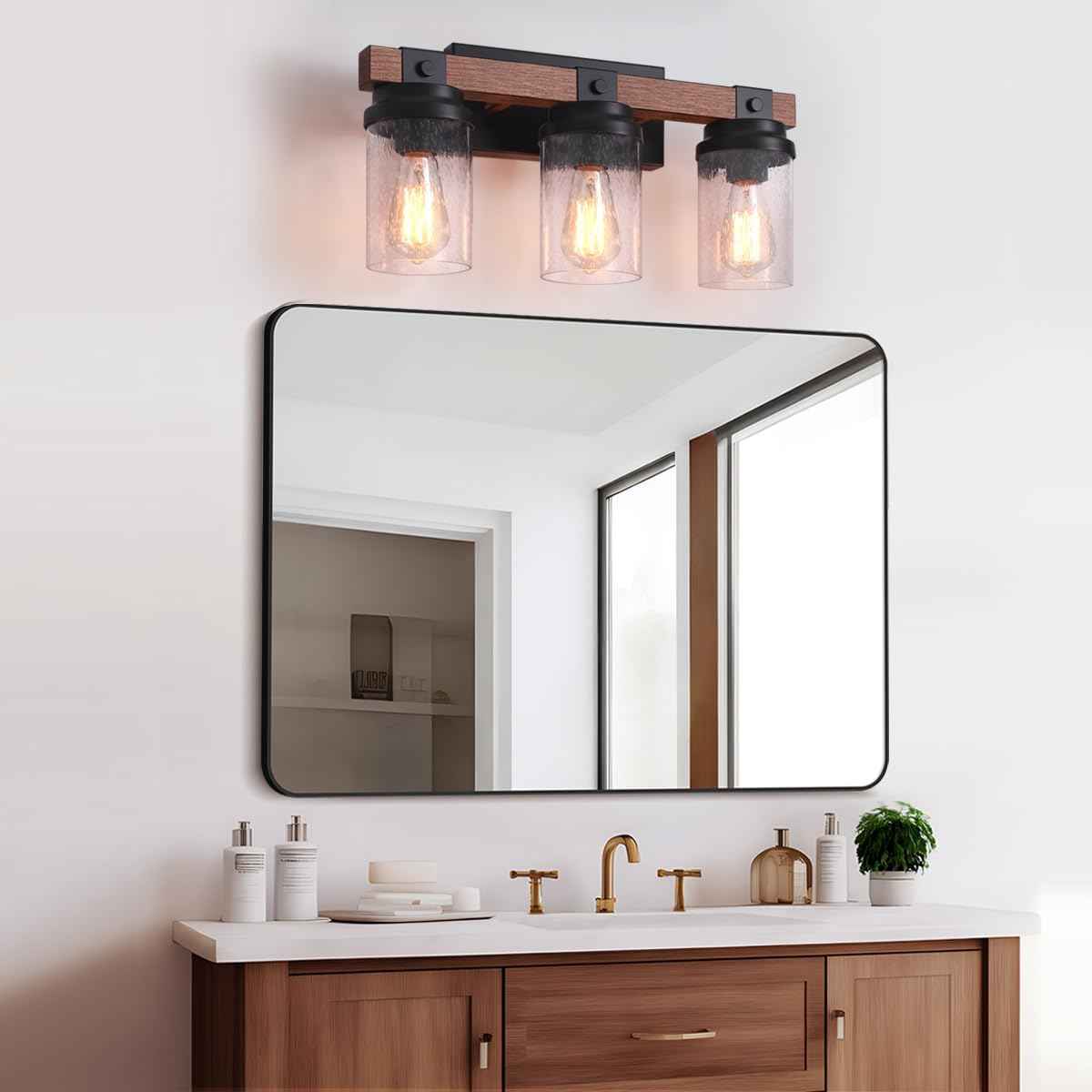 Farmhouse 2-Light Vanity Lights for Bathroom - Rustic Black Wood & Glass Sconces