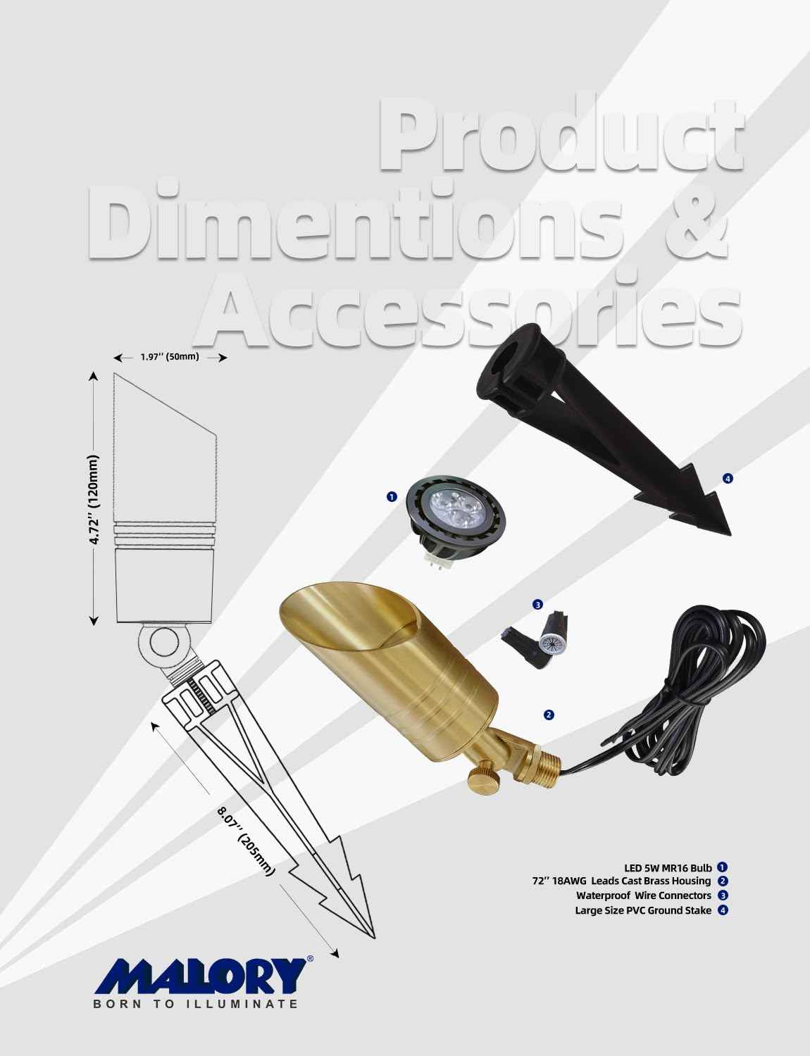 MALORY Brass Landscape Spotlight,12V AC/DC Low Voltage LED Landscape Lighting,Waterproof Spot Up Light for Garden,Patio and Yard (4-Pack with Bulb)