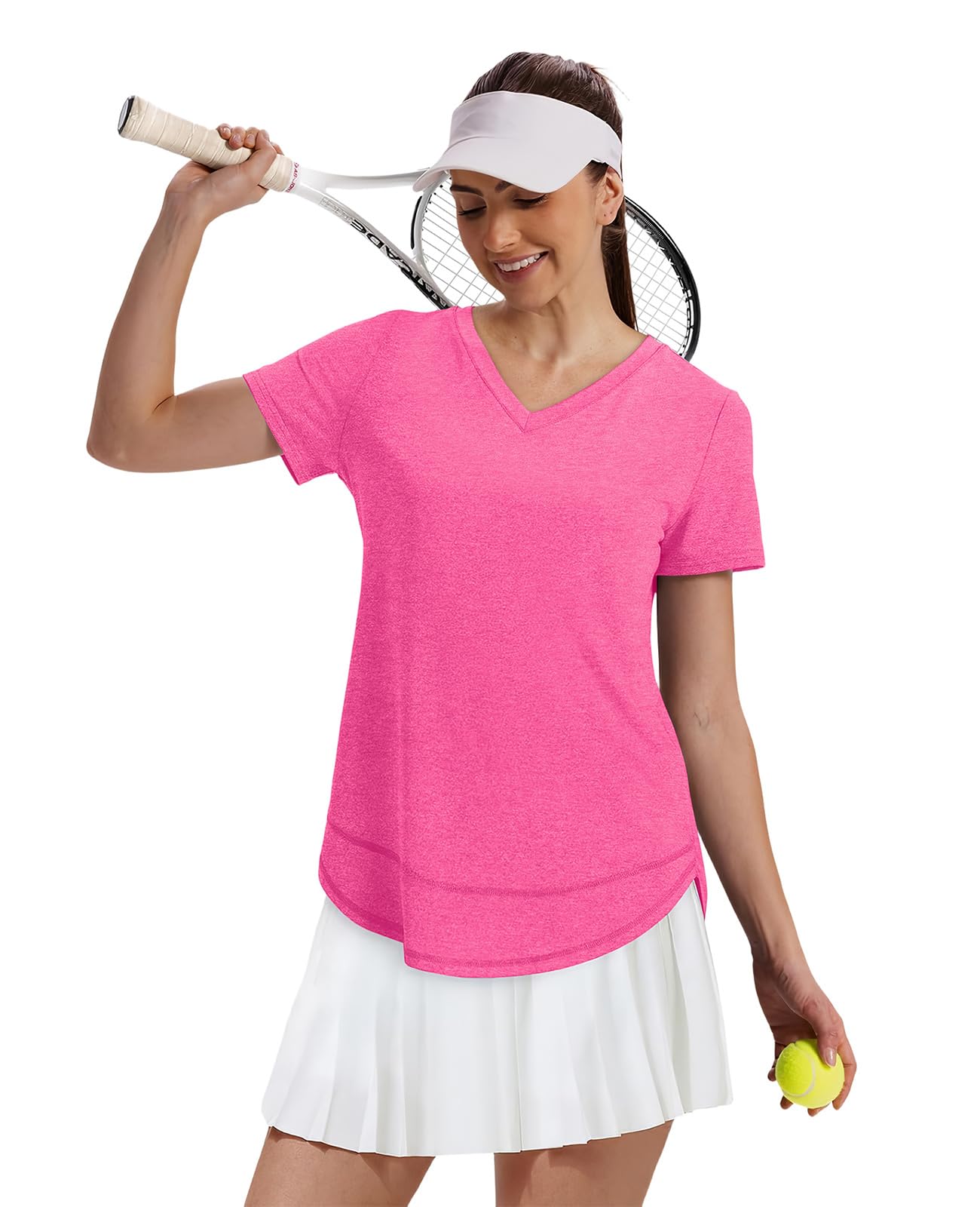 Spring Summer Tops for Women Short Sleeve Hiking Shirts Athleisure Golf Shirt Beach Fashion Curved Hem Loose Fit V Neck Hot Pink 2XL