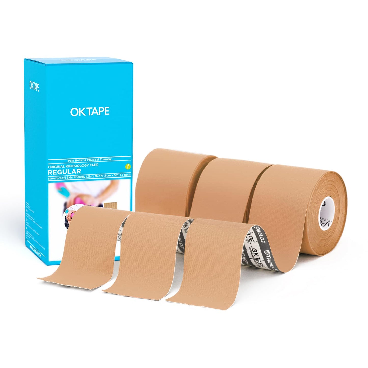 OK TAPE Regular Kinesiology Tape (3 Pack), Original Cotton Athletic Tape for Support Muscle Joint Knee, Sports Waterproof Tape Uncut Strips Latex Free, Hypoallergenic, 2in×16.4ft - Beige