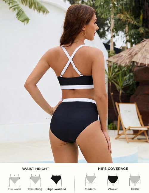 Hanna Nikole Womens High Waisted Bikini Sets, Slimming Modest Tummy Control Swimsuits, Cutout Crisscross Curvy Swimwear