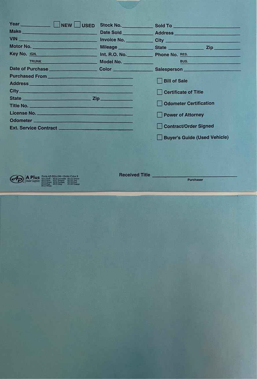 Vehicle/Automotive Deal Jackets - Blue - (P5) (100)