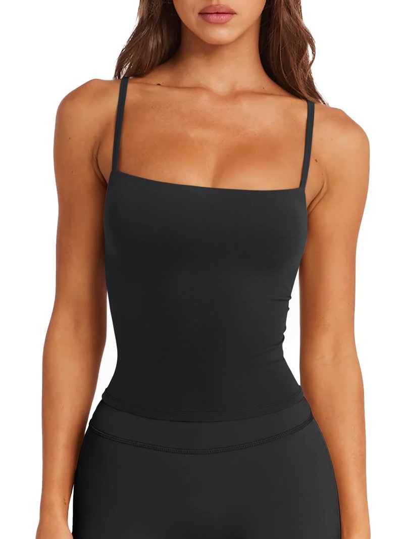 LASLULU Womens Sexy Square Neck Workout Tops Longline Sports Bras Cropped Tank Top Summer Casual Basic Pilates Outfits 2026 (Black Small)