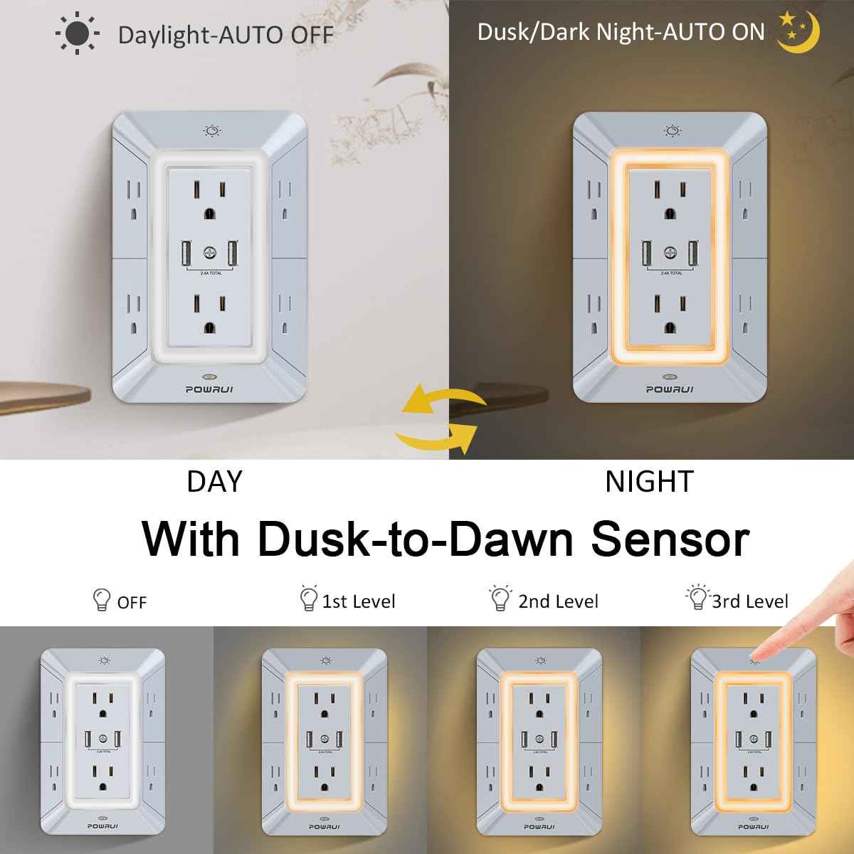 USB Wall Charger, Surge Protector, POWRUI 6-Outlet Extender with 2 USB Charging Ports (2.4A Total) and Night Light, 3-Sided Power Strip with Adapter Spaced Outlets - White，ETL Listed, Grey