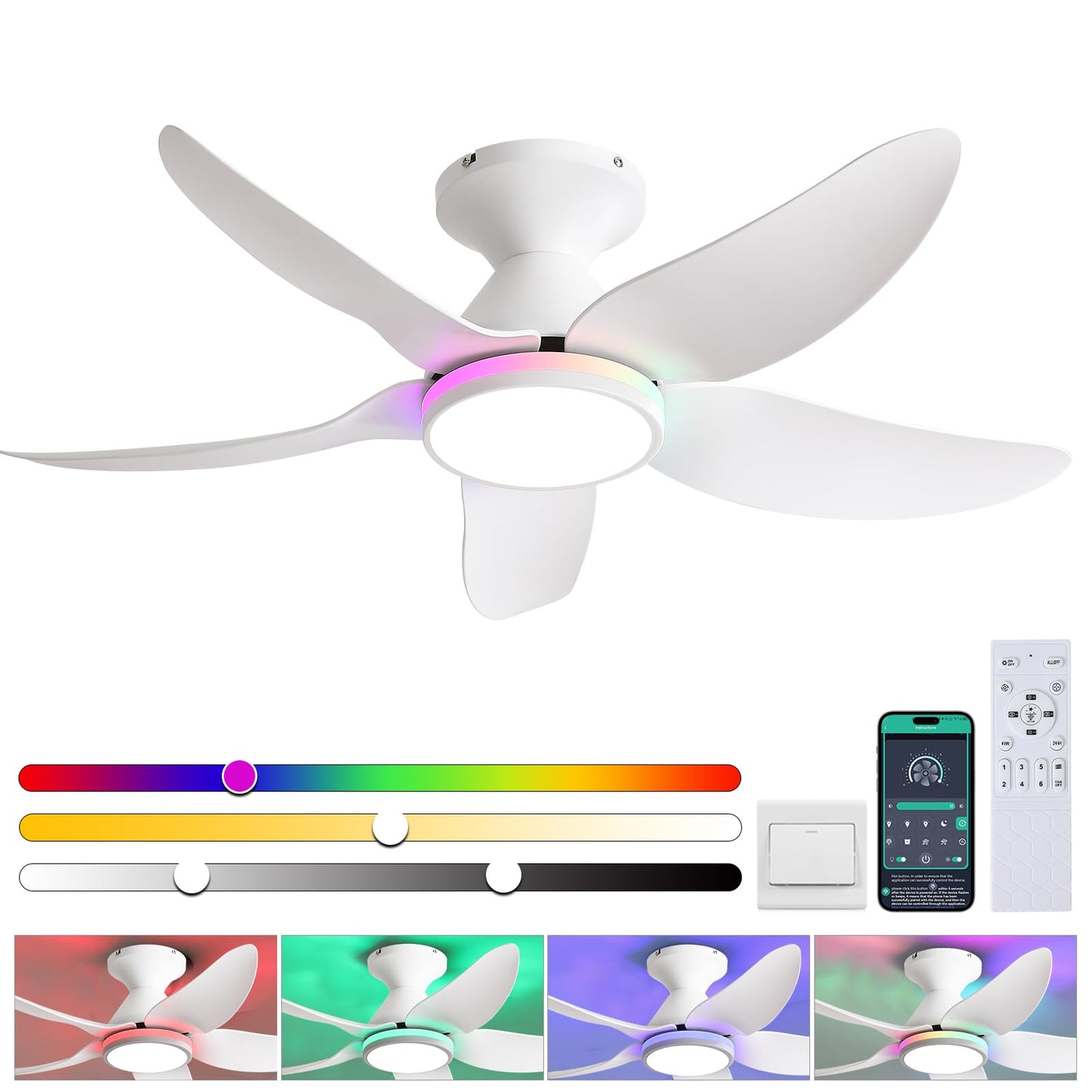 Kviflon Ceiling Fans with Lights Remote/APP Control, 38" Low Profile Ceiling Fans with Dimmable White Colors+Ring RGB Lights, 6 Speeds 5 Reversible Blades for Kids Room Bedroom Living Room, White