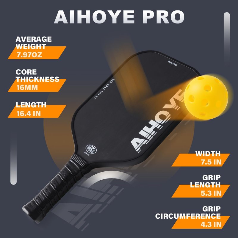 Aihoye PRO Pickleball Paddles- Raw T700 Carbon Fiber Textured Surface (CFS) with High Grit & Spin, Pickleball Paddles Set of 2 with 16MM Polypropylene Honeycomb Core, USAPA Approved