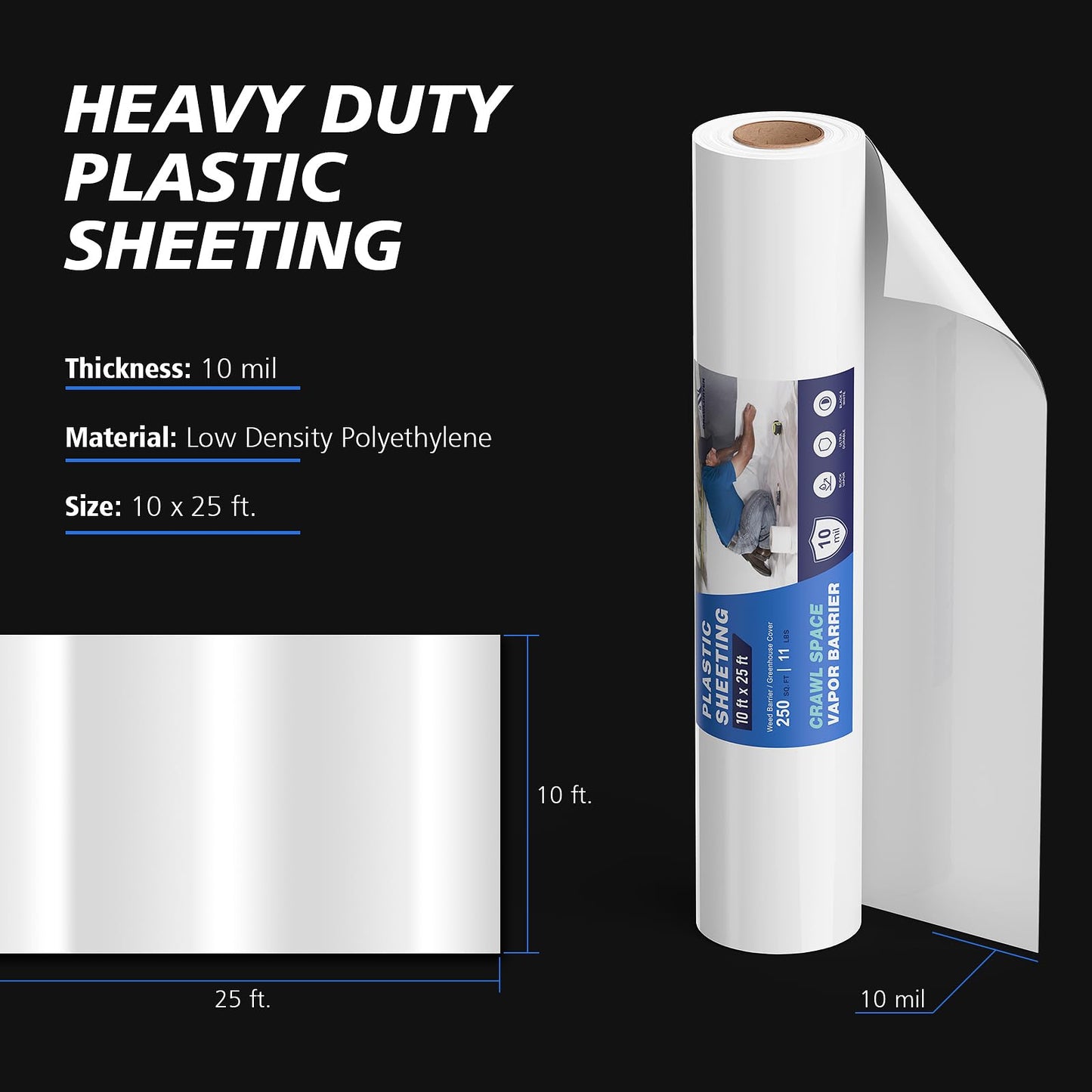 Crawl Space Vapor Barrier - 14 mil 10' x 25', Vapor Barrier for Crawlspace Encapsulation kit, Vapor Barrier Plastic Material, Crawlspace Liner, Heavy Duty Plastic sheeting, Black and White Panda Film