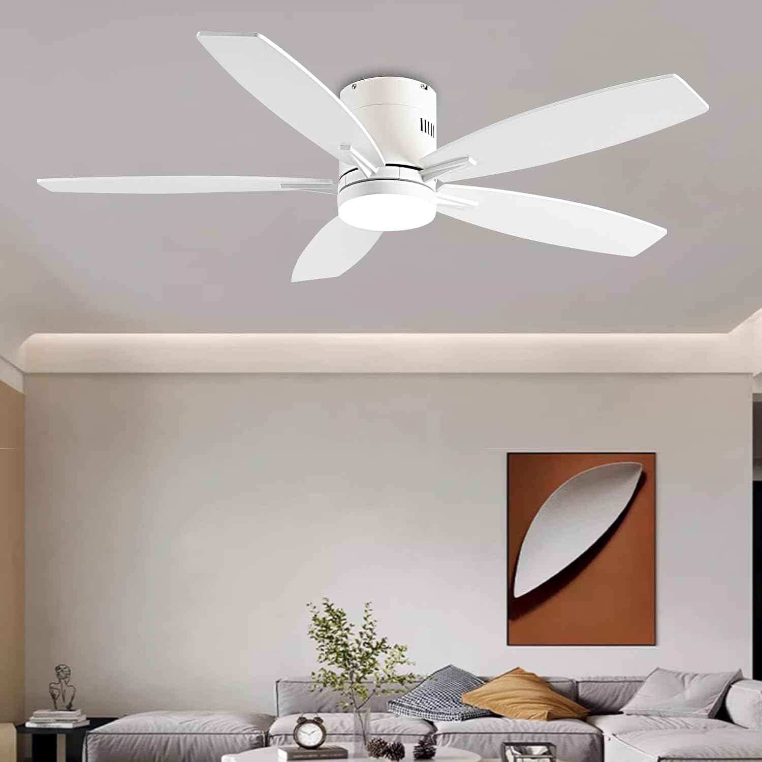 52" Low Profile Ceiling Fan with Lights & Remote Control - Dimmable, Noiseless, Reversible - White Indoor/Outdoor Fan for Bedroom