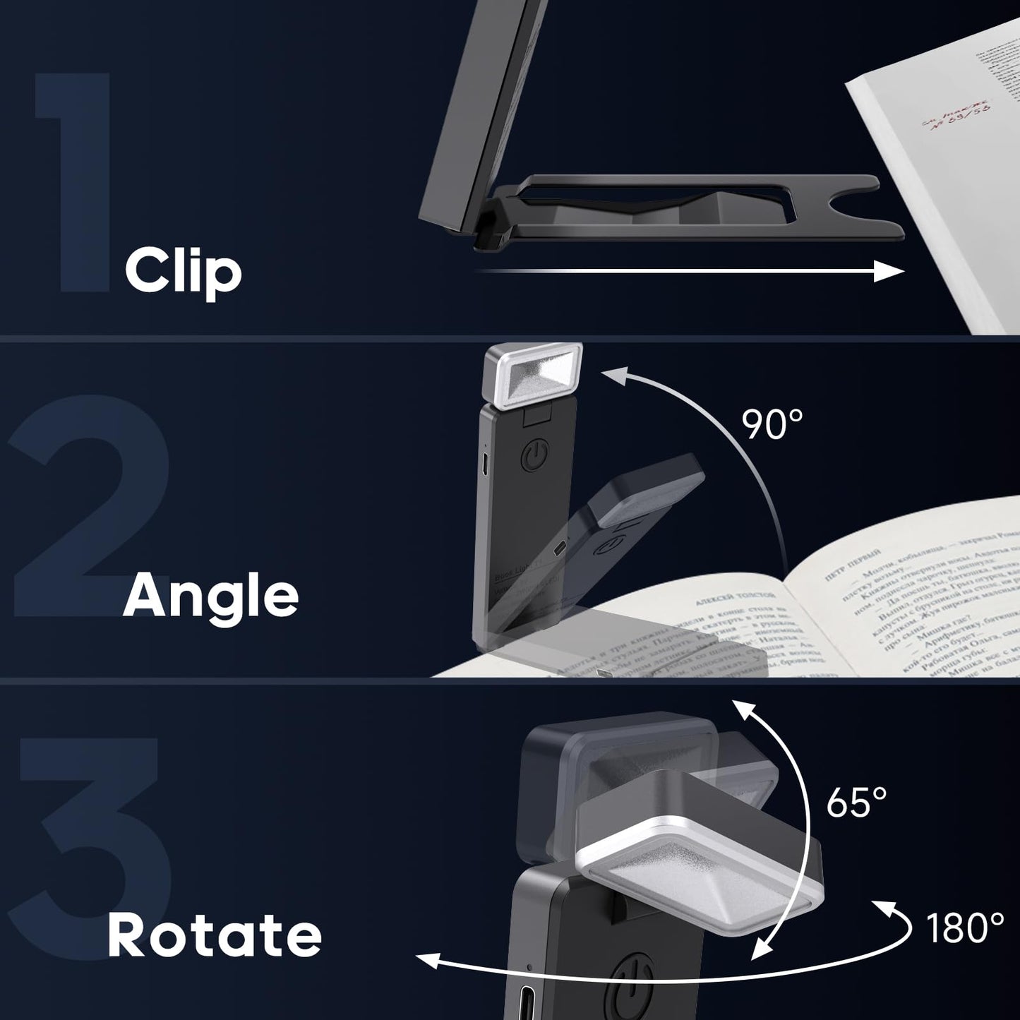 CMUBH Reading Light, Book Light for Reading in Bed, USB Rechargeable Book Reading Light Clip-on LED Bookmark Lamp with 3 Amber Colors & 5 Brightness Dimmable for Book Lovers, Kids Grey